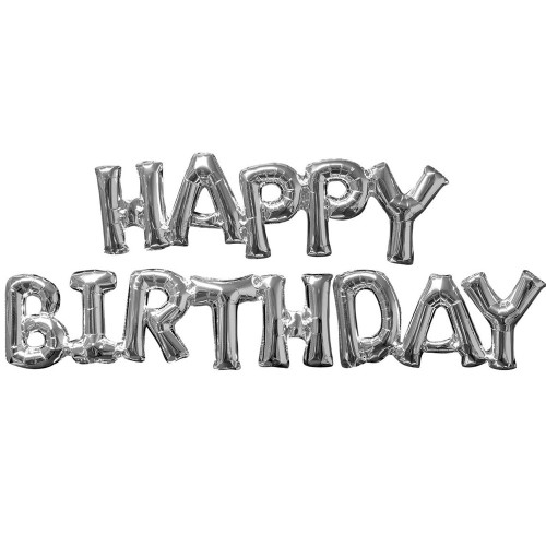 Giant Happy Birthday Phrase Silver Foil Balloon